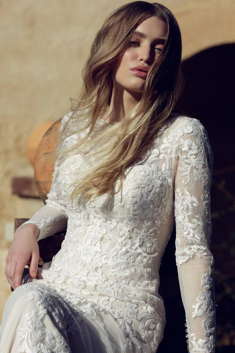 High Neck Sheath Wedding Dress with Tulle and Lace Long-Sleeved Bridal Gown