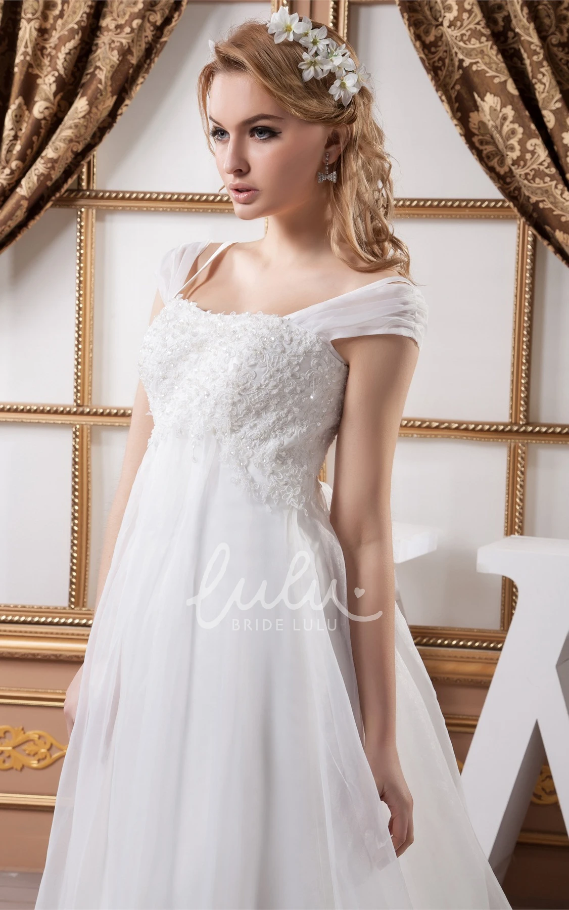 Empire A-Line Tulle Lace Wedding Dress with Cap Sleeves and Beading