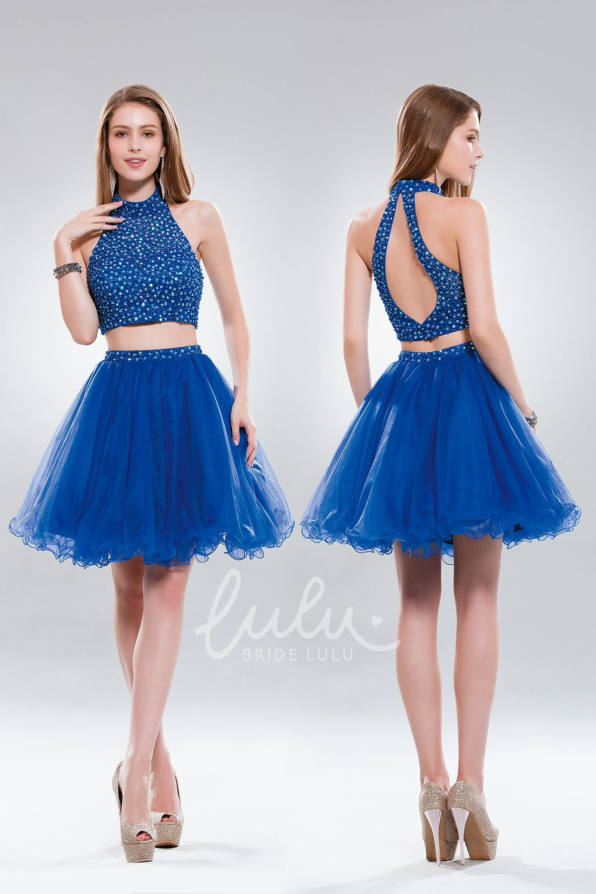 High Neck Sleeveless A-Line Tulle Dress with Beading and Ruffles