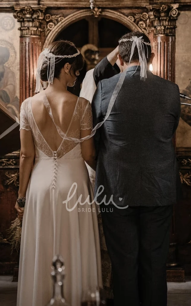 Simple Casual A-Line Boho Wedding Dress Romantic Illusion Short Sleeves Low Back Bridal Gown