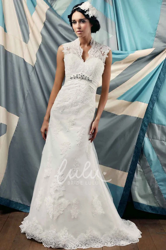 Floor-Length Sheath Lace Wedding Dress with Appliques & Waist Jewelry