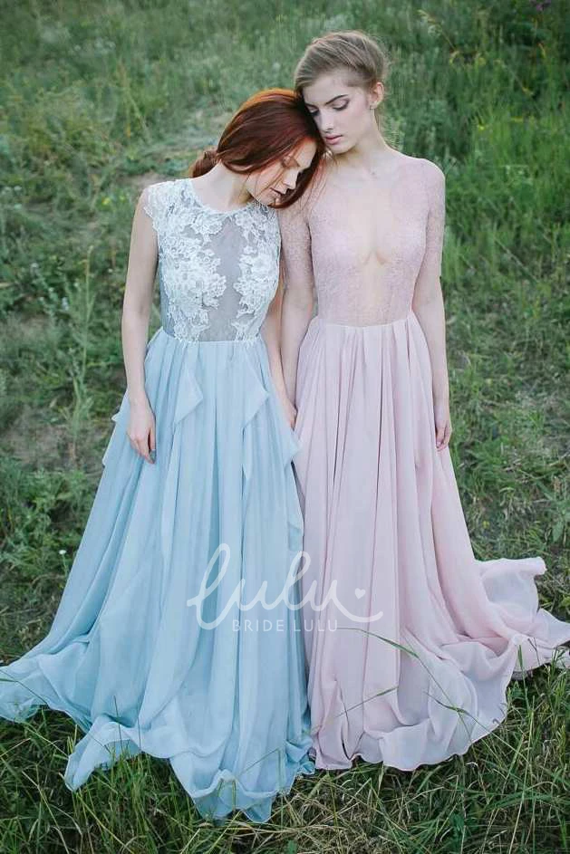 A-Line Chiffon Draped Dress with Lace Applique Top Sleeveless Jewel Neckline