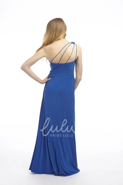 One-Shoulder Ruched Prom Dress Sheath Floor-Length Chiffon with Broach and Epaulet