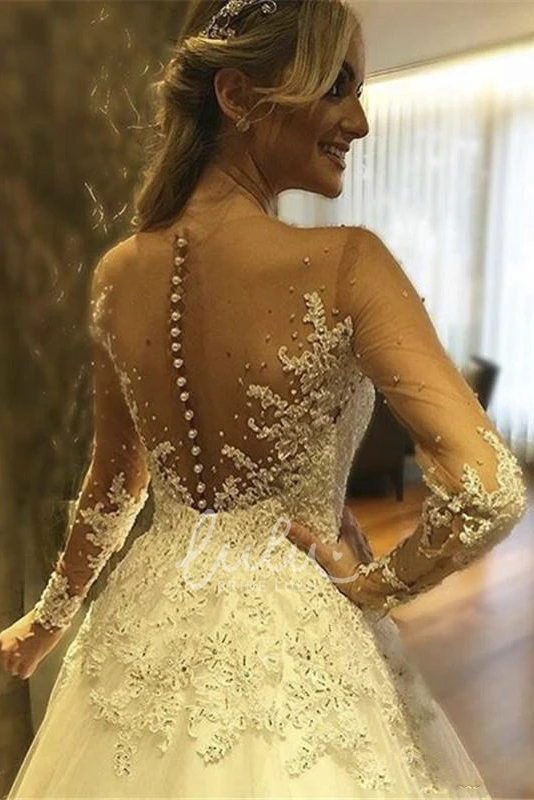 Lace Tulle V-neck Ball Gown Warm Wedding Dress with Buttons and Zipper