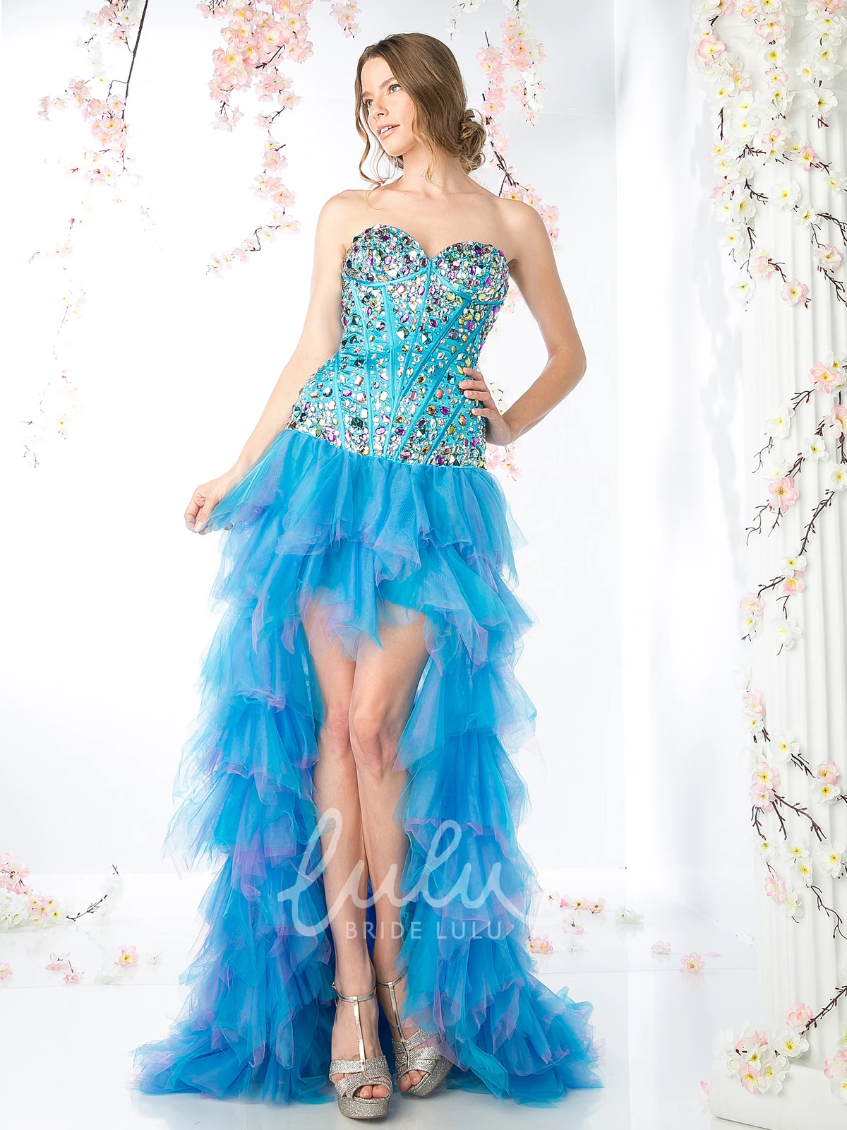 High-Low Tulle Corset Back Formal Dress with Beading and Tiers