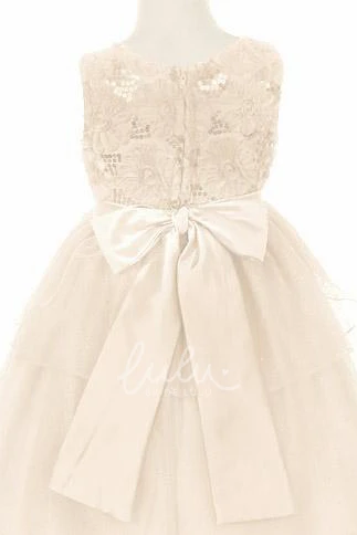 Sequin & Satin Tea-Length Flower Girl Dress with Split-Front Spring Wedding Dress