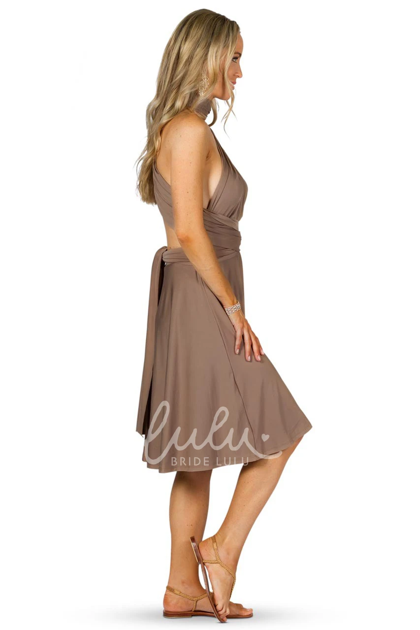 Knee-Length Halter Bridesmaid Dress with Straps Ruched Sleeveless Chiffon