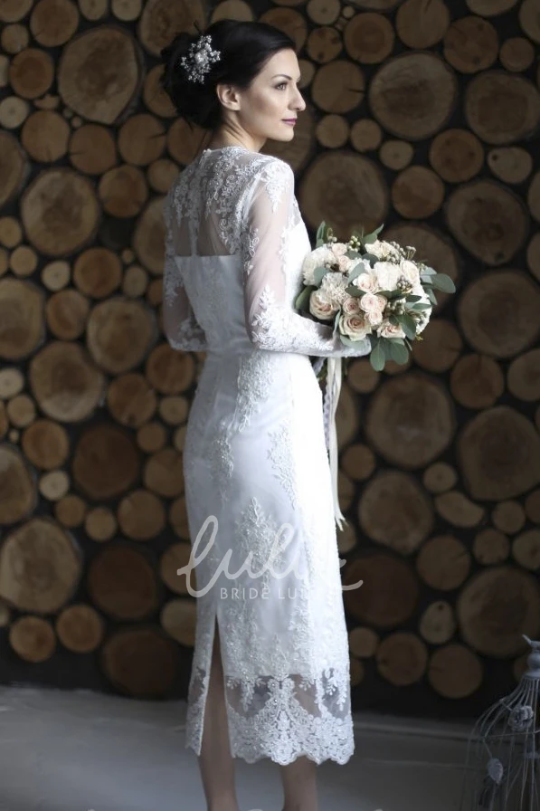 Sheath Ankle-length Wedding Dress with Illusion Lace Applique Illusion Lace Appliqued Split Sheath Wedding Dress
