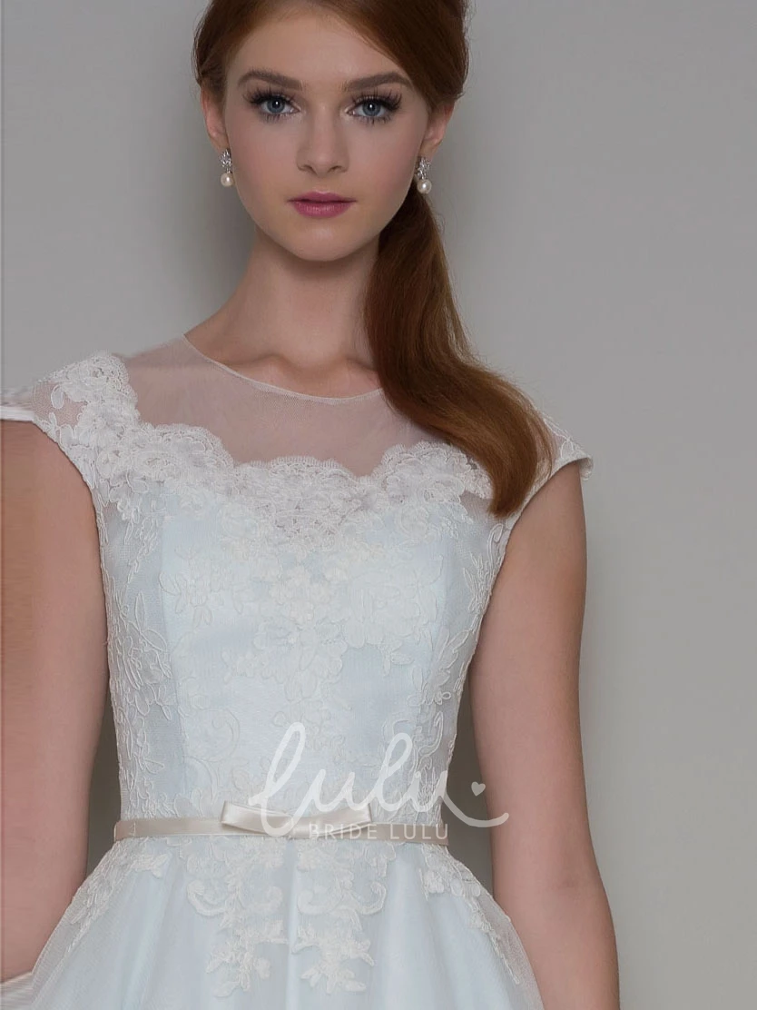 Tulle Cap Sleeve Ankle-Length A-Line Wedding Dress with Applique Unique Bridal Gown