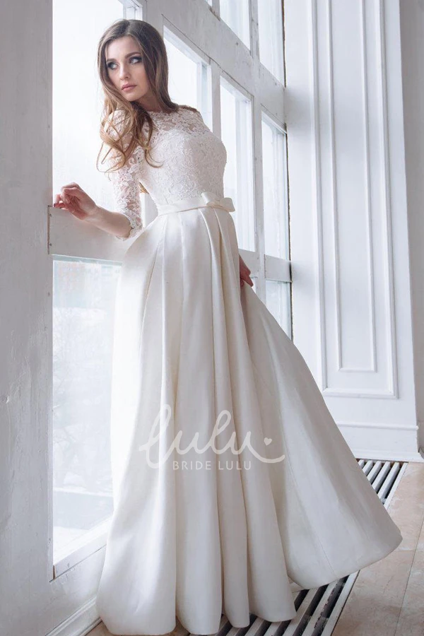 Satin A-line Wedding Dress with Lace Sleeves and Corset Back