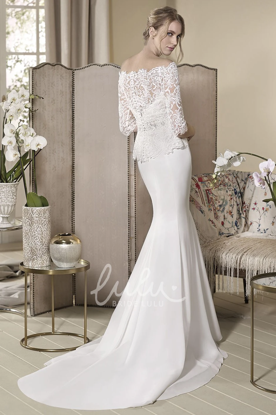 Off-The-Shoulder Peplum Wedding Dress with Half-Sleeves and Lace