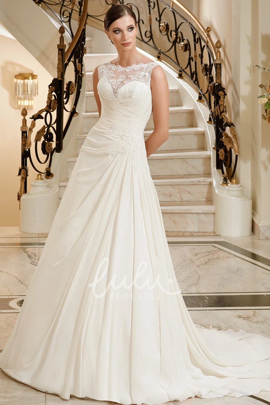 Jewel-Neck Appliqued A-Line Wedding Dress with Side Draping Maxi Length