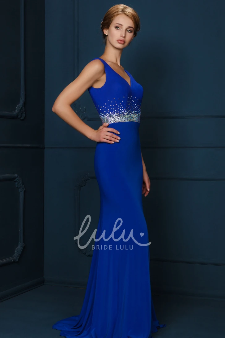 V-Neck Sleeveless Jersey Prom Dress with Beaded Detail and Floor-Length