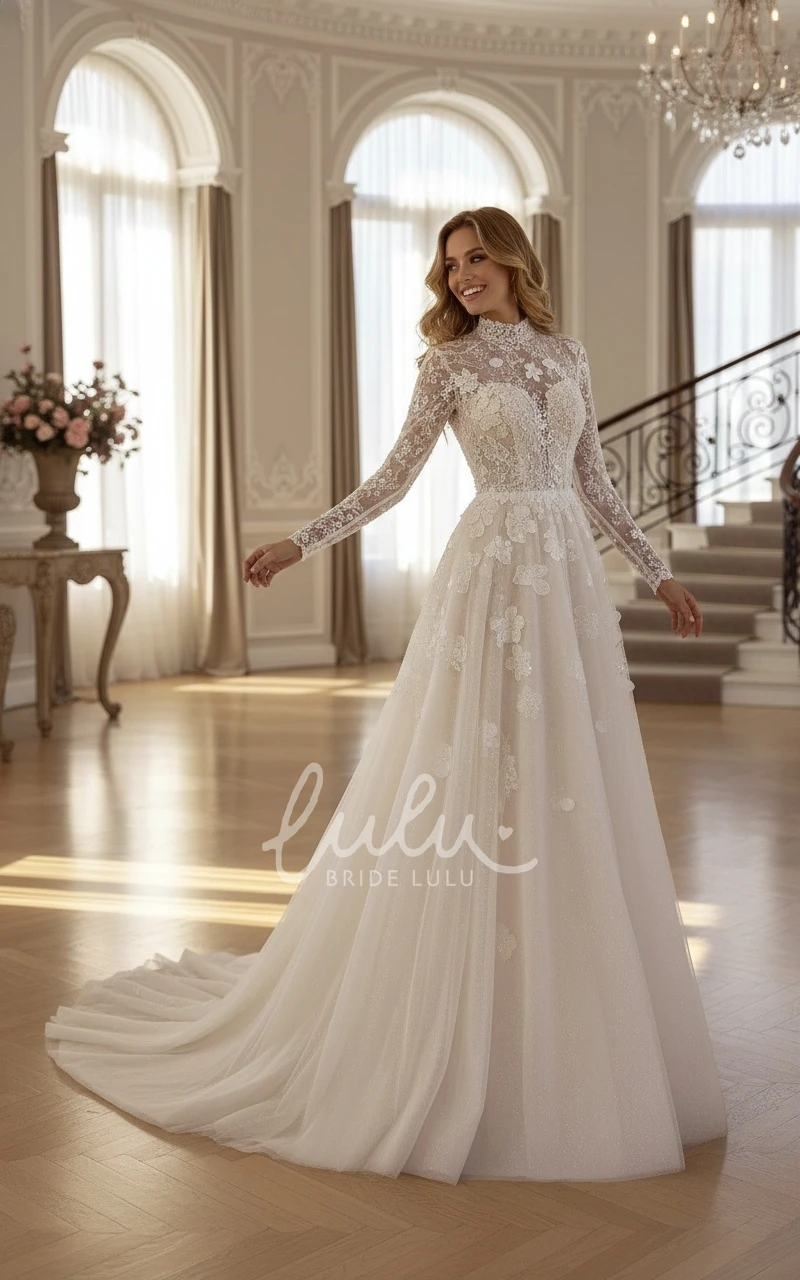 Modest Long-Sleeve Lace Wedding Dress A-Line High Neck Flower Bridal Gown