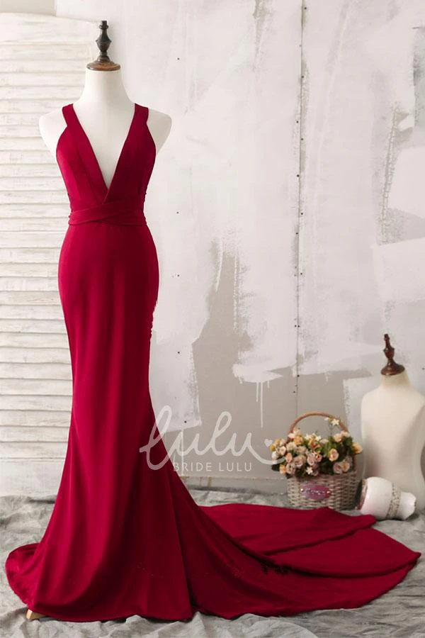 V-neck Sleeveless Satin Mermaid Formal Dress with Court Train