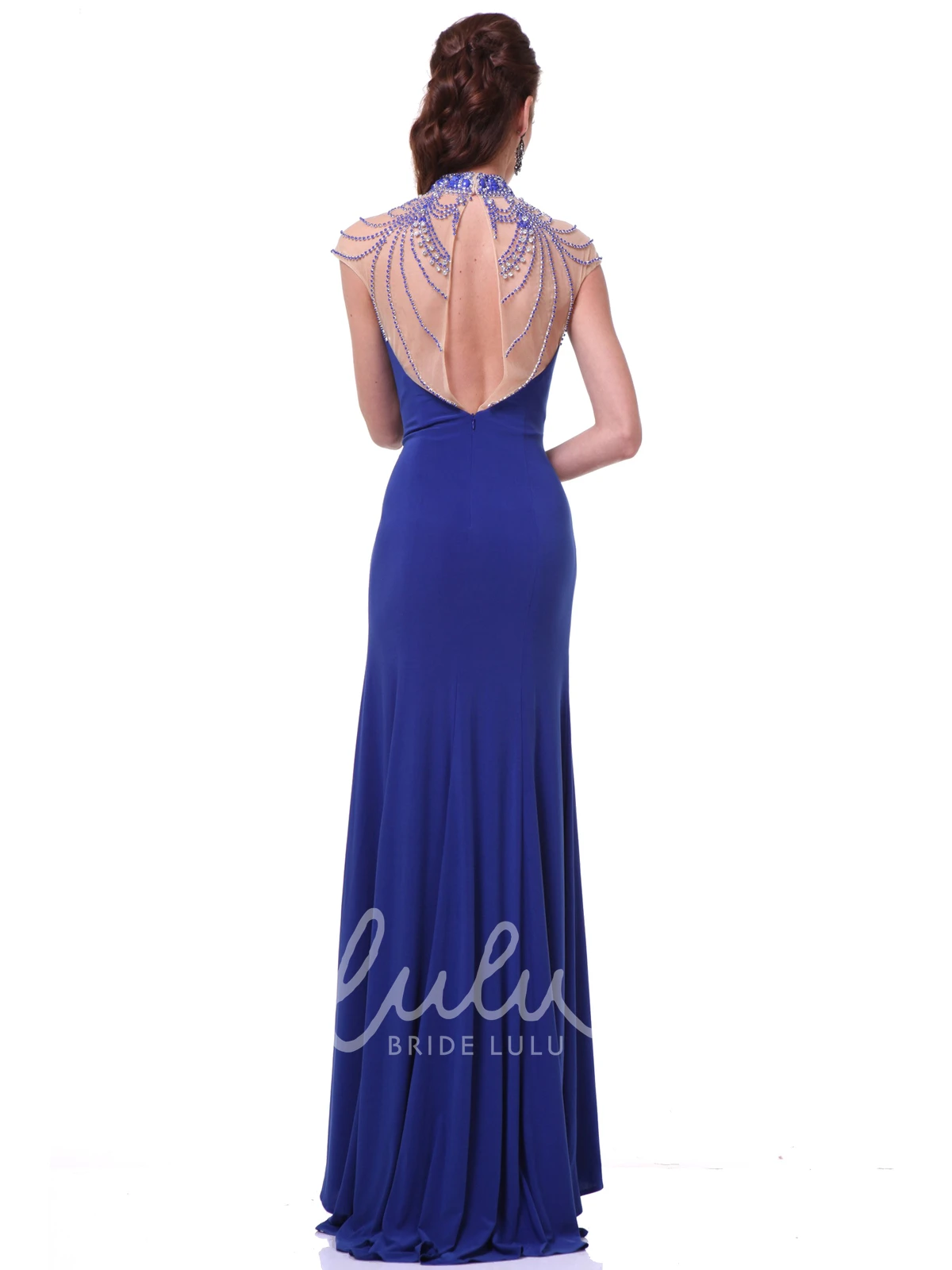 High Neck Cap-Sleeve Jersey Formal Dress With Crystal Detailing Sheath