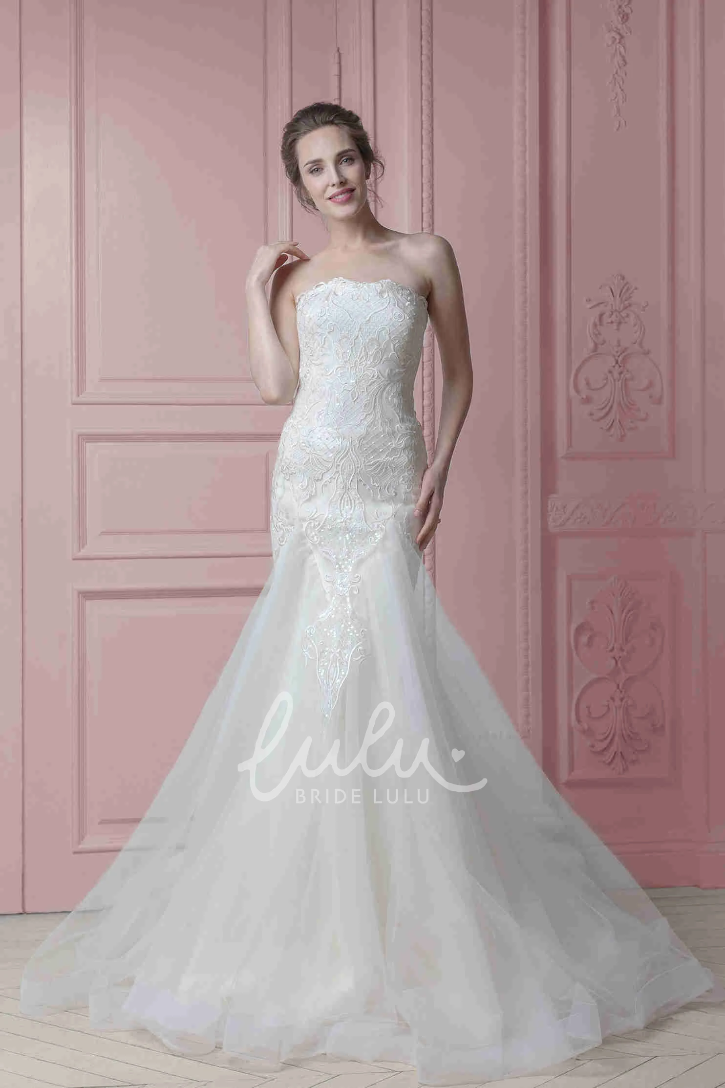 A-Line Embroidered Strapless Tulle Wedding Dress with Ruffles Floor-Length Sleeveless