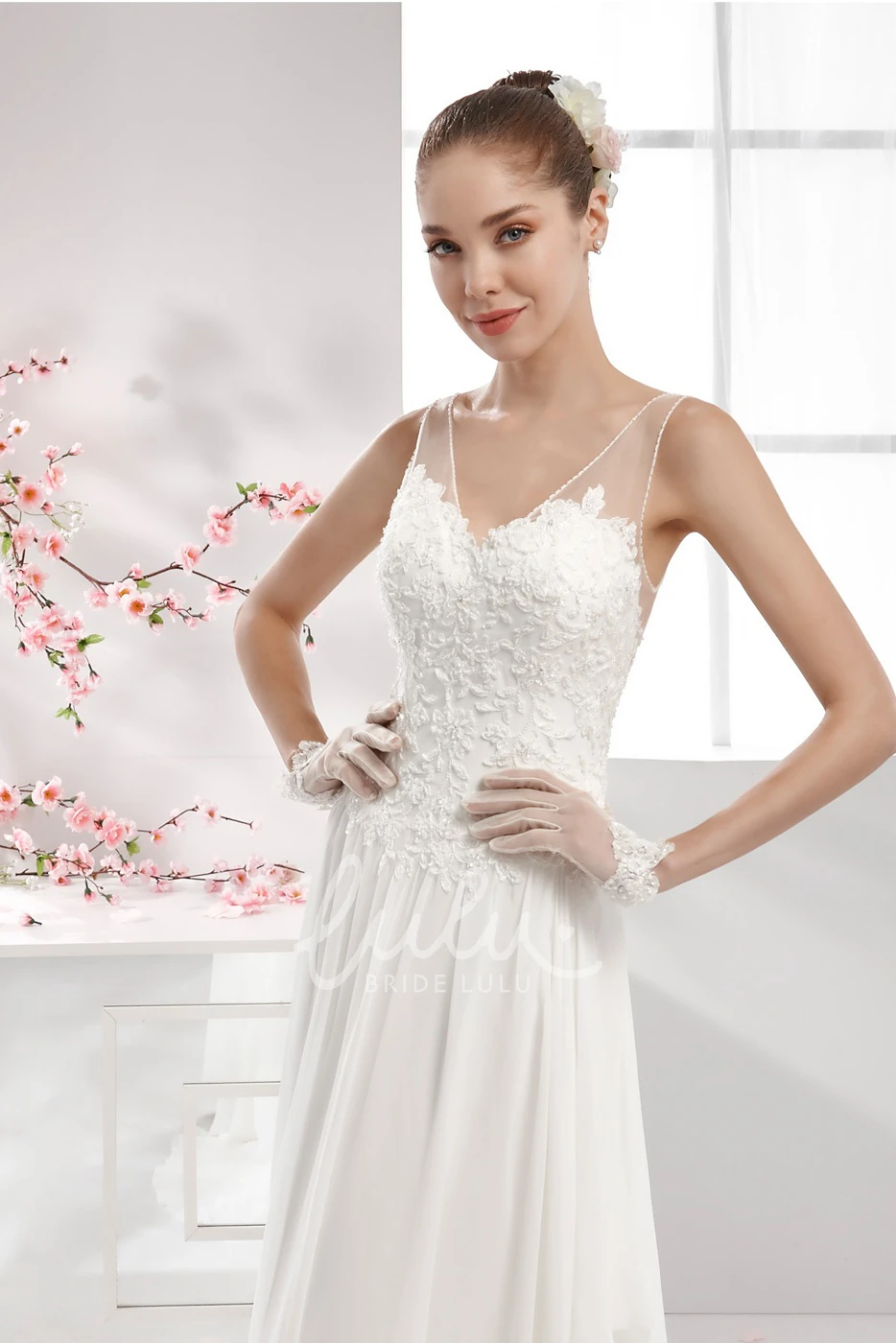 Draping Gown with Lace Bodice and Chiffon Skirt Sweetheart Flowy Women