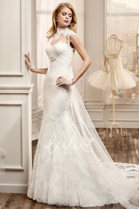 Beaded Bust High-Neck Sheath Lace Wedding Dress with Court Train Modern Wedding Gown