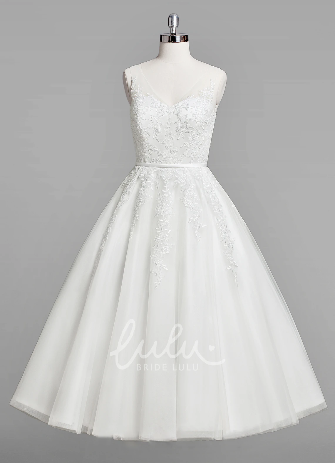 Sleeveless A-Line Lace Tea-Length Wedding Dress with V-Neck