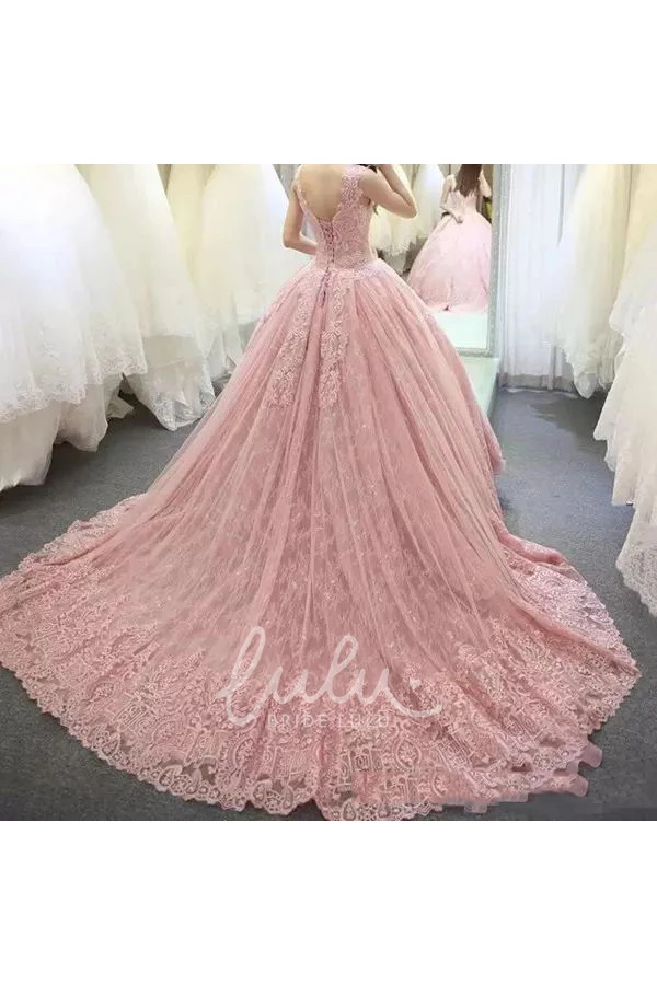 Lace Tulle Ball Gown Wedding Dress with V-Neck and Lace-Up Back