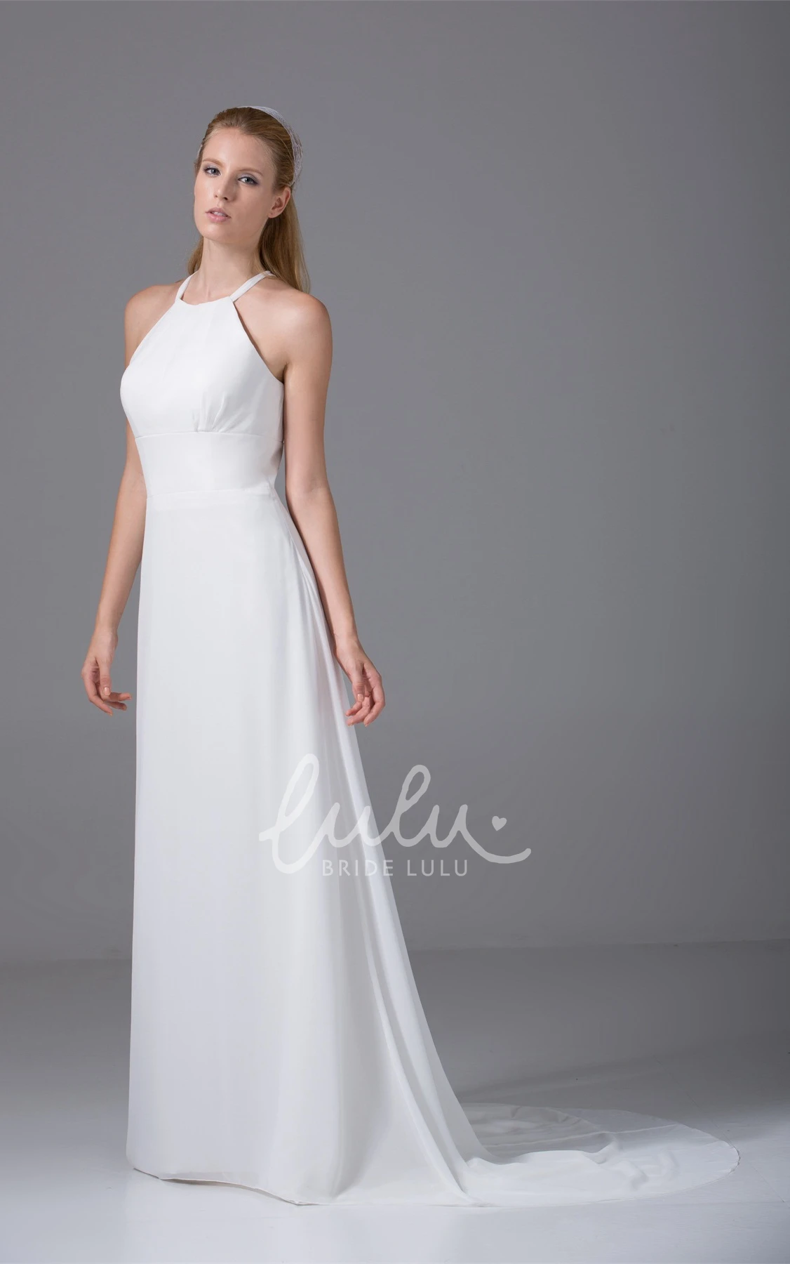 Sleeveless Halter Chiffon A-Line Long Wedding Dress Simple Beach Bridal Gown