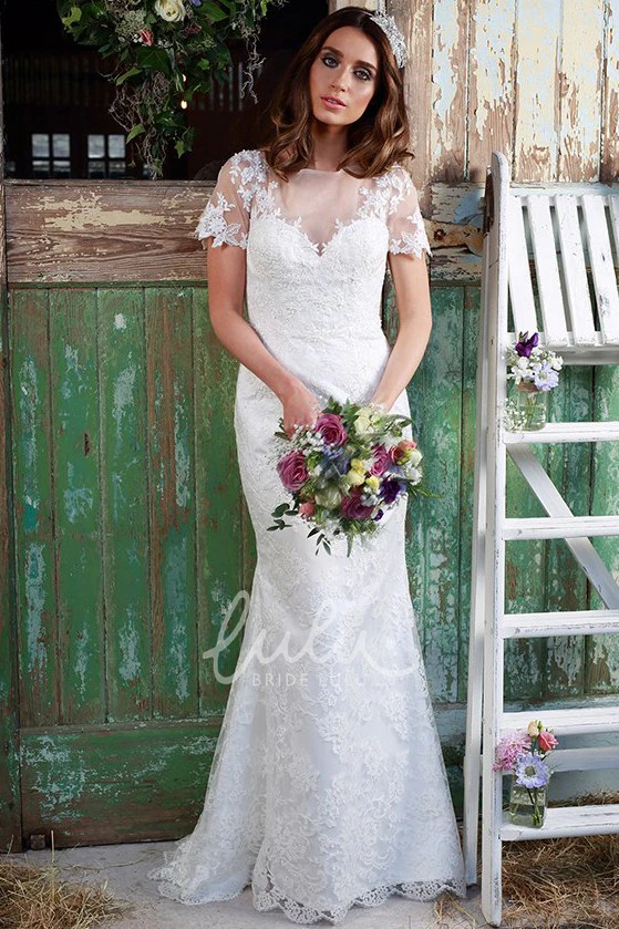 Illusion Appliques Lace Wedding Dress with Short-Sleeve Bateau-Neck Sheath
