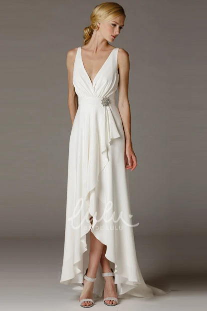 Chiffon V-Neck Wedding Dress with Ruched Draping and Brush Train