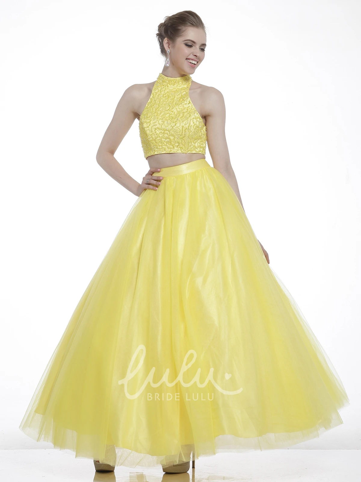 Satin Keyhole A-Line Formal Dress with Beading High-Neck Sleeveless Ankle-Length