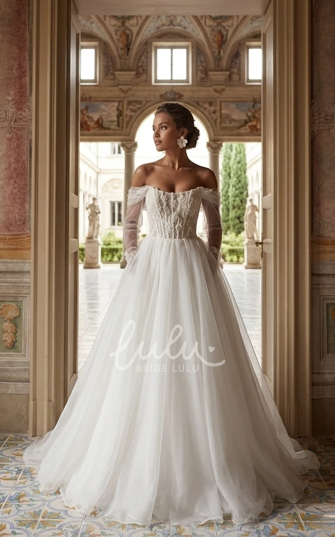 Off-the-shoulder A-Line Lace Chiffon Spring Wedding Dress Long Sleeve Appliques Open Back Bridal Gown with Train