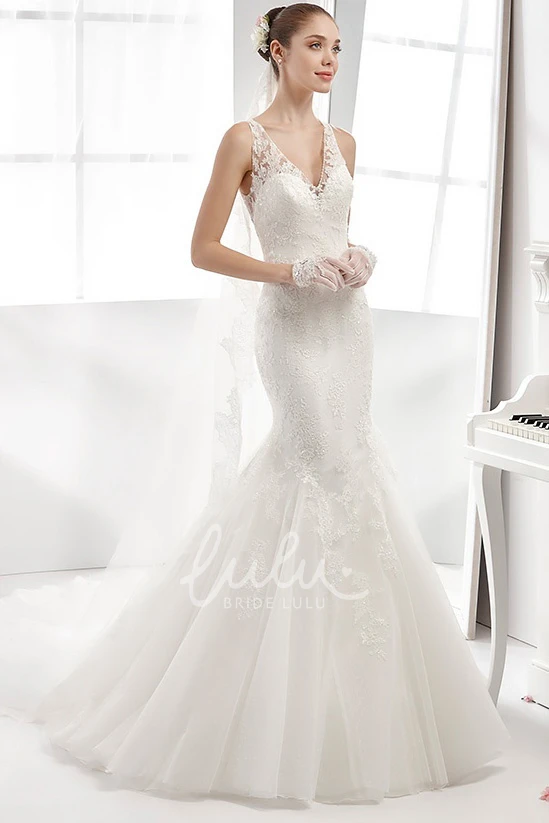V-neck Lace Mermaid Wedding Dress with Appliques and Illusion Back