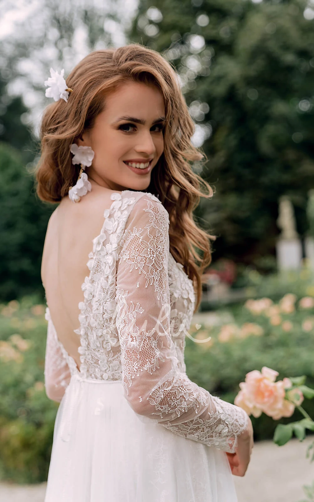 Bohemian Illusion Back A-Line Chiffon Lace Beach Wedding Dress with V-Neckline