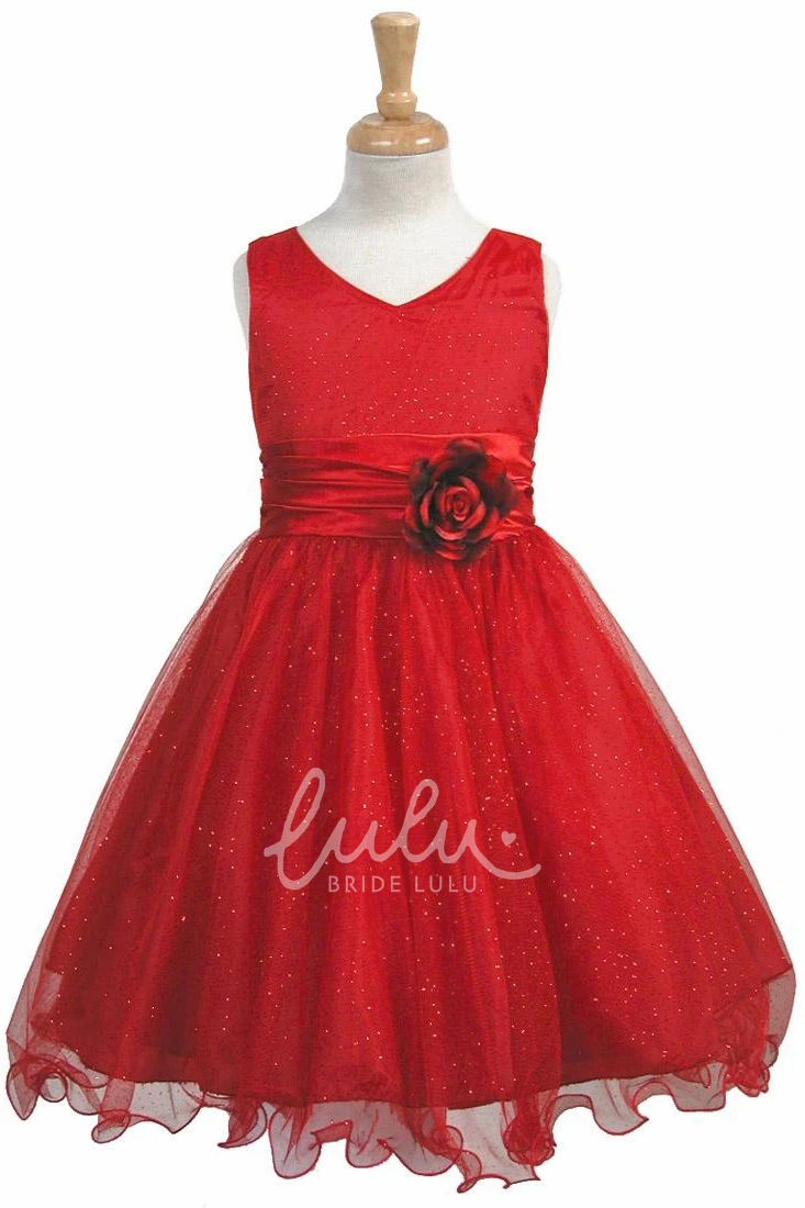 Charmeuse Tiered Knee-Length Flower Girl Dress with V-Neck