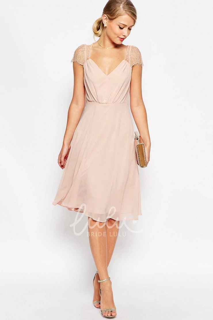 Knee-Length Ruched Cap Sleeve V-Neck Chiffon Bridesmaid Dress A-Line
