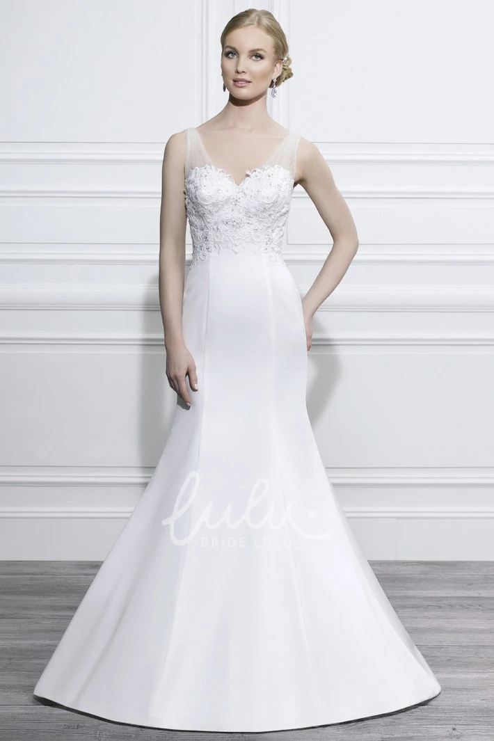 Satin Trumpet Wedding Dress with V-Neck Appliques and Low-V Back Classic Bridal Gown