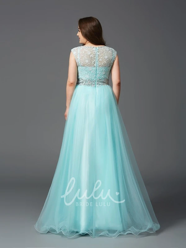 Illusion A-line Lace Formal Dress with Scoop Neckline and Jeweled Waist