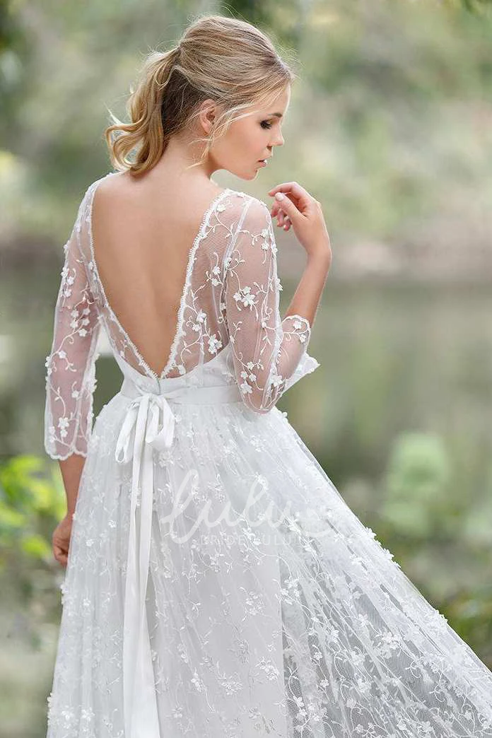 Lace Low-V Back Chiffon Wedding Dress Elegant Bridal Gown