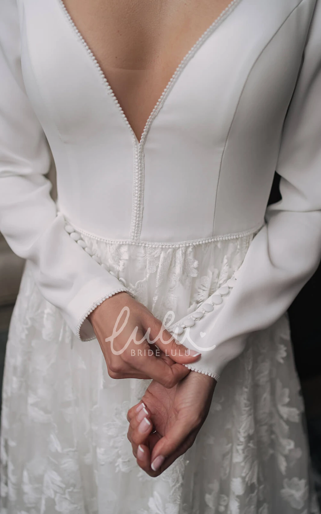 A-Line Lace Beach Wedding Dress with V-neck and Appliques Simple and Elegant