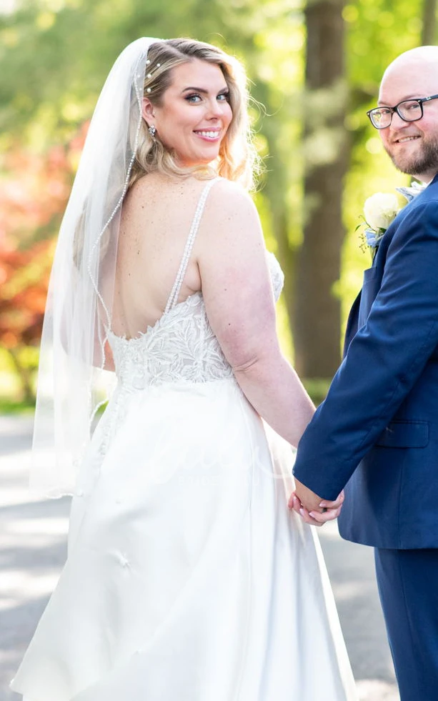 Modest A-Line Plus Size Spaghetti Sweep Train Sleeveless Garden Satin Wedding Dress