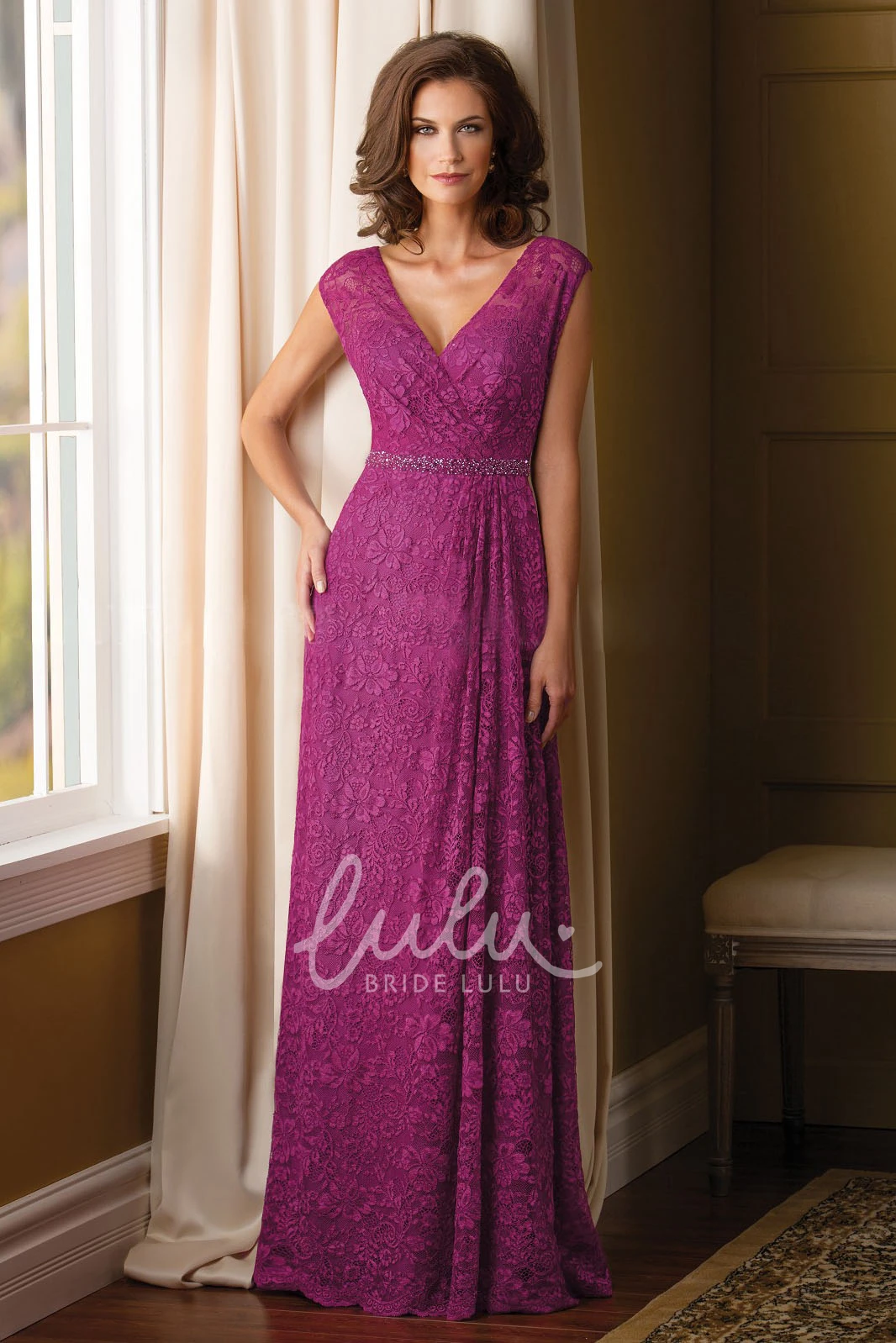 V-Back Lace Mother Of The Bride Dress with Beadings in Cap Sleeves