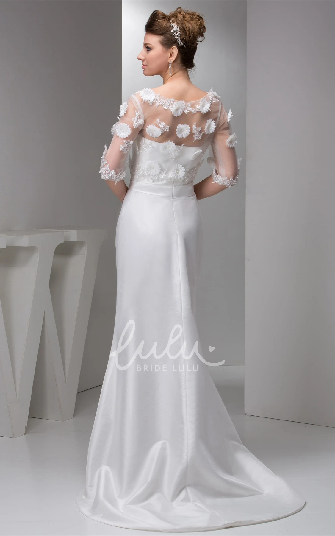 Floral Half-Sleeve Satin Mermaid Dress with Illusion Top