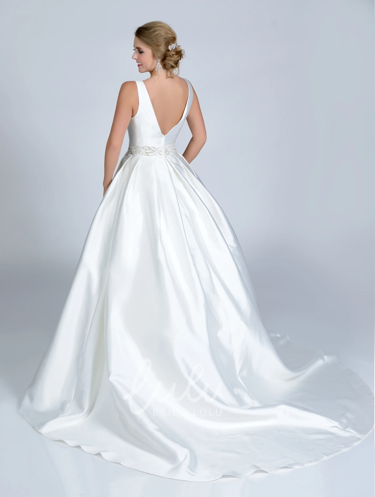 Satin Ball Gown with Rhinestones Sleeveless Bateau Neck Wedding Dress