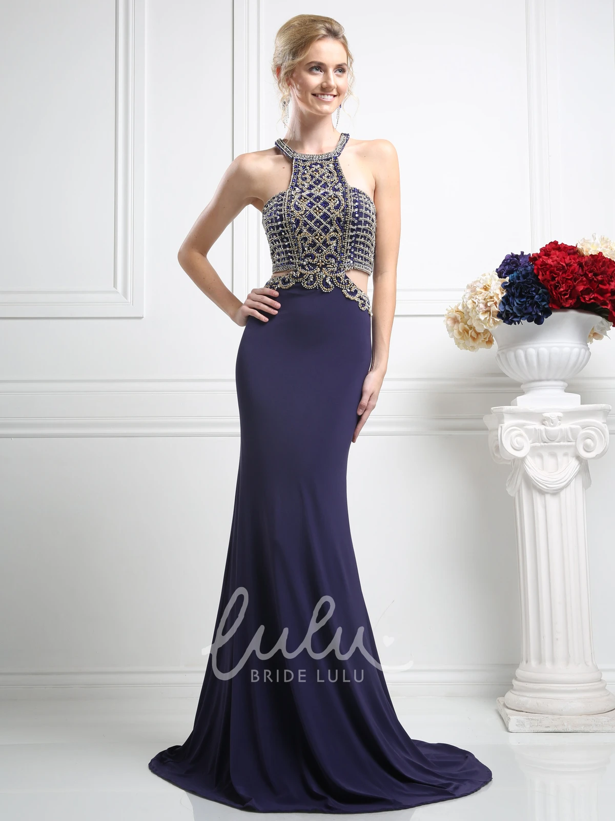 Sleeveless Two-Piece Sheath Jersey Dress with Jewel-Neck and Beading