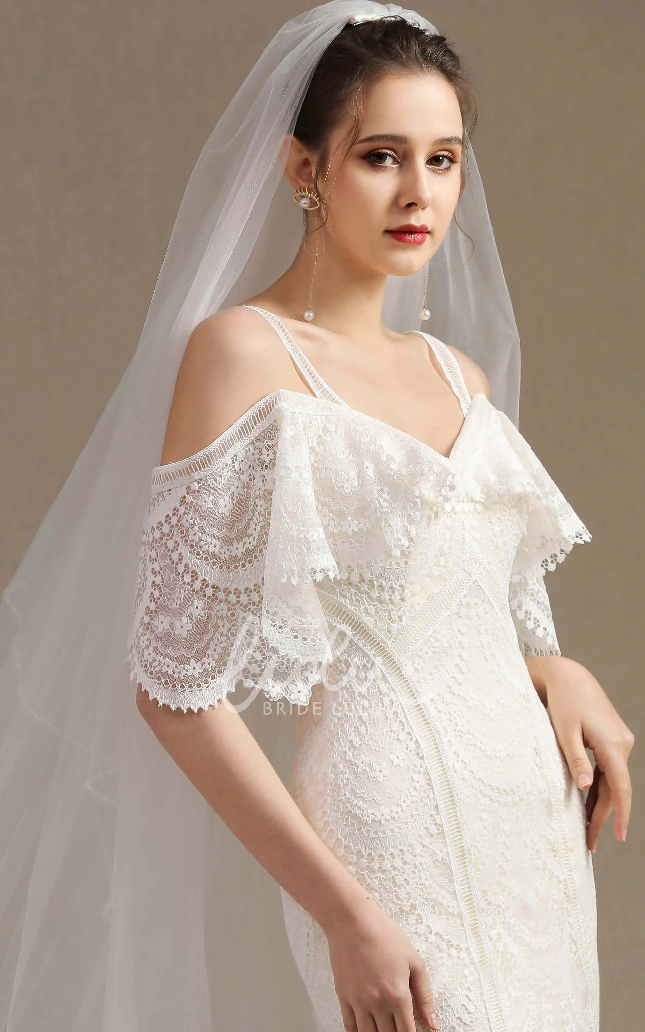 Cute Off-the-shoulder Lace Mermaid Wedding Dress with Straps and Half Sleeves