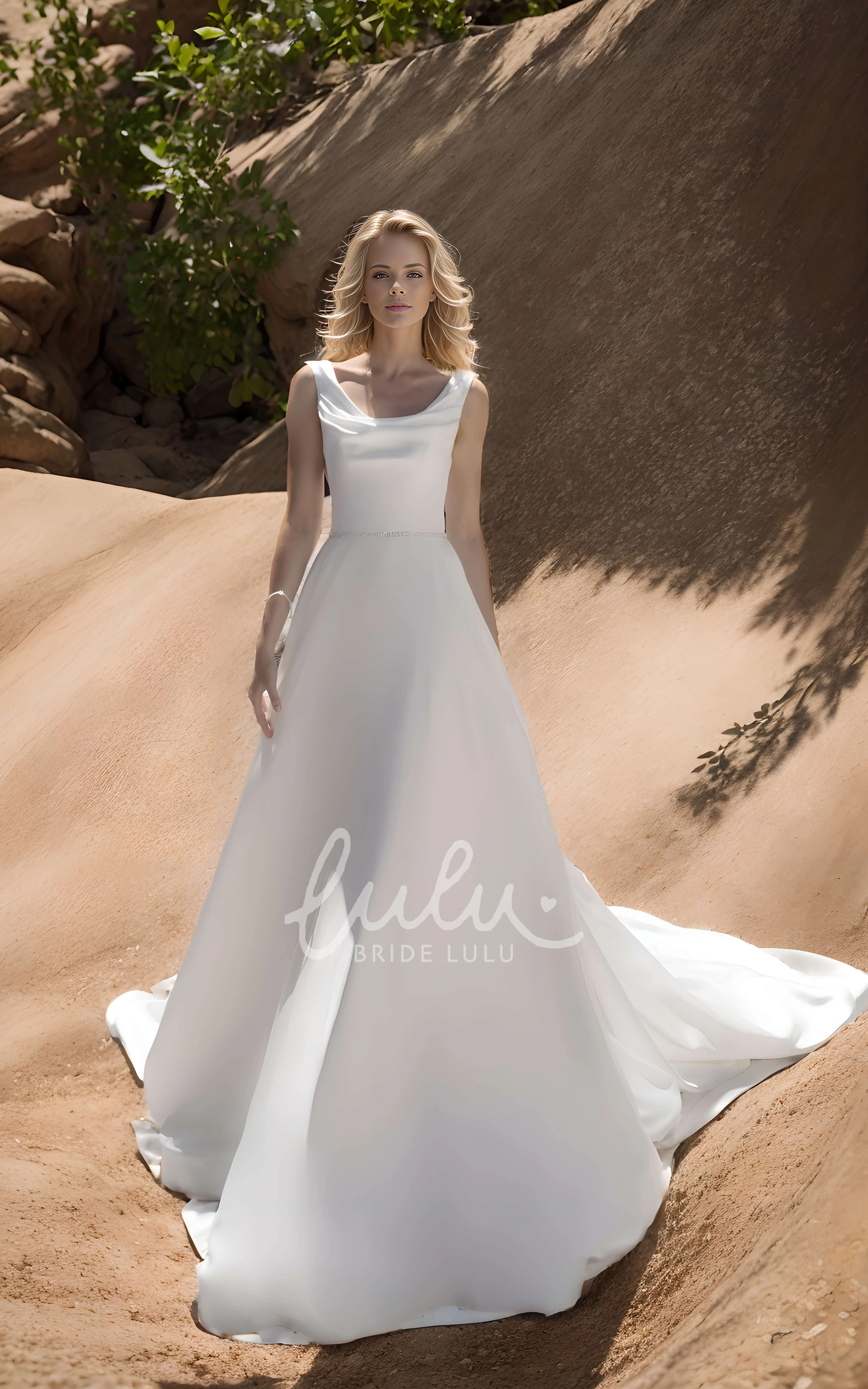 Simple Satin Modern A-Line Wedding Dress Sleeveless Scoop Solid Train Gown