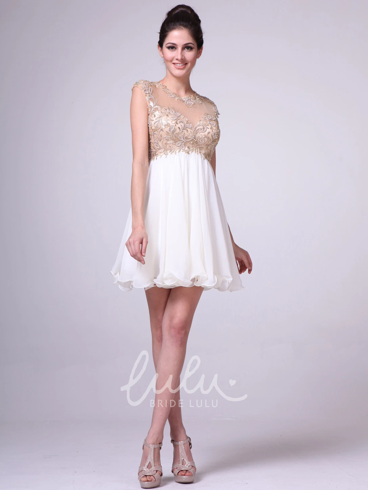 Short Cap-Sleeve A-Line Empire Dress with Beading and Pleats