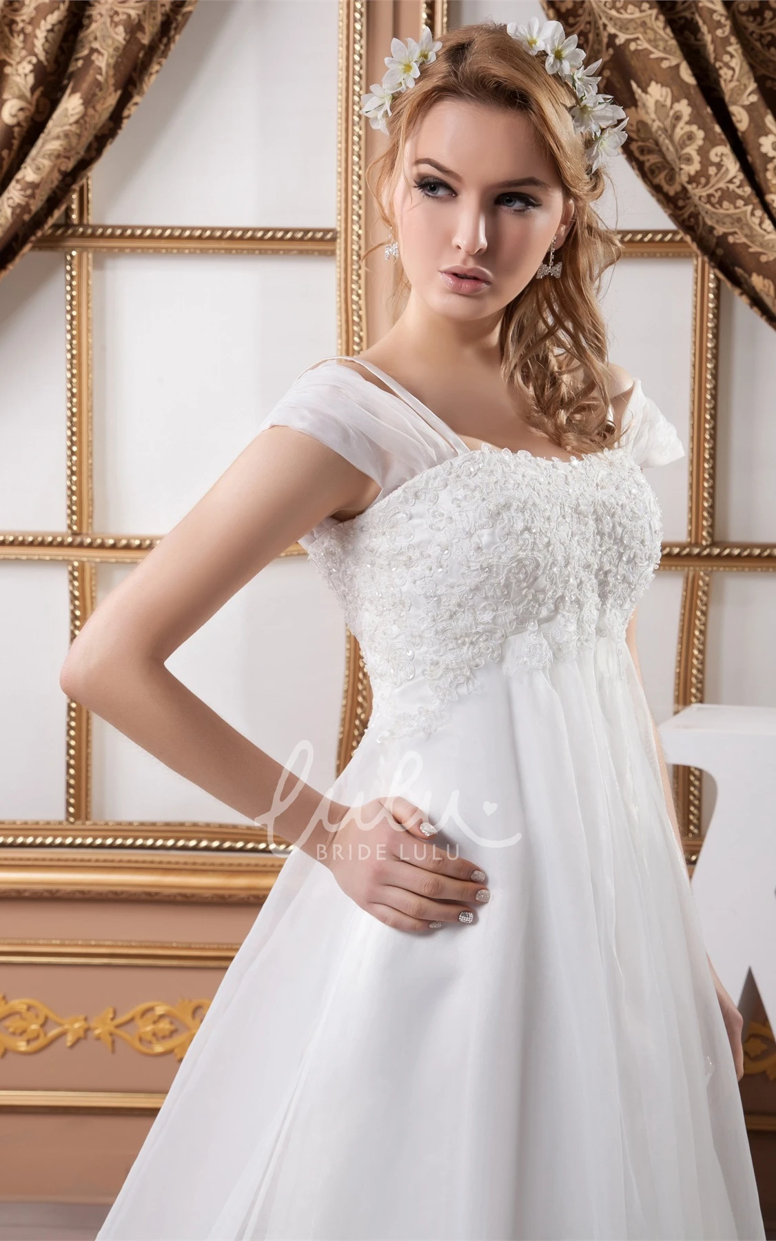 Empire A-Line Tulle Lace Wedding Dress with Cap Sleeves and Beading