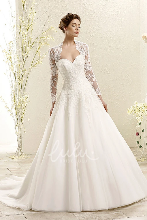 Lace Wedding Dress with Illusion Ball Gown Long-Sleeve Dress