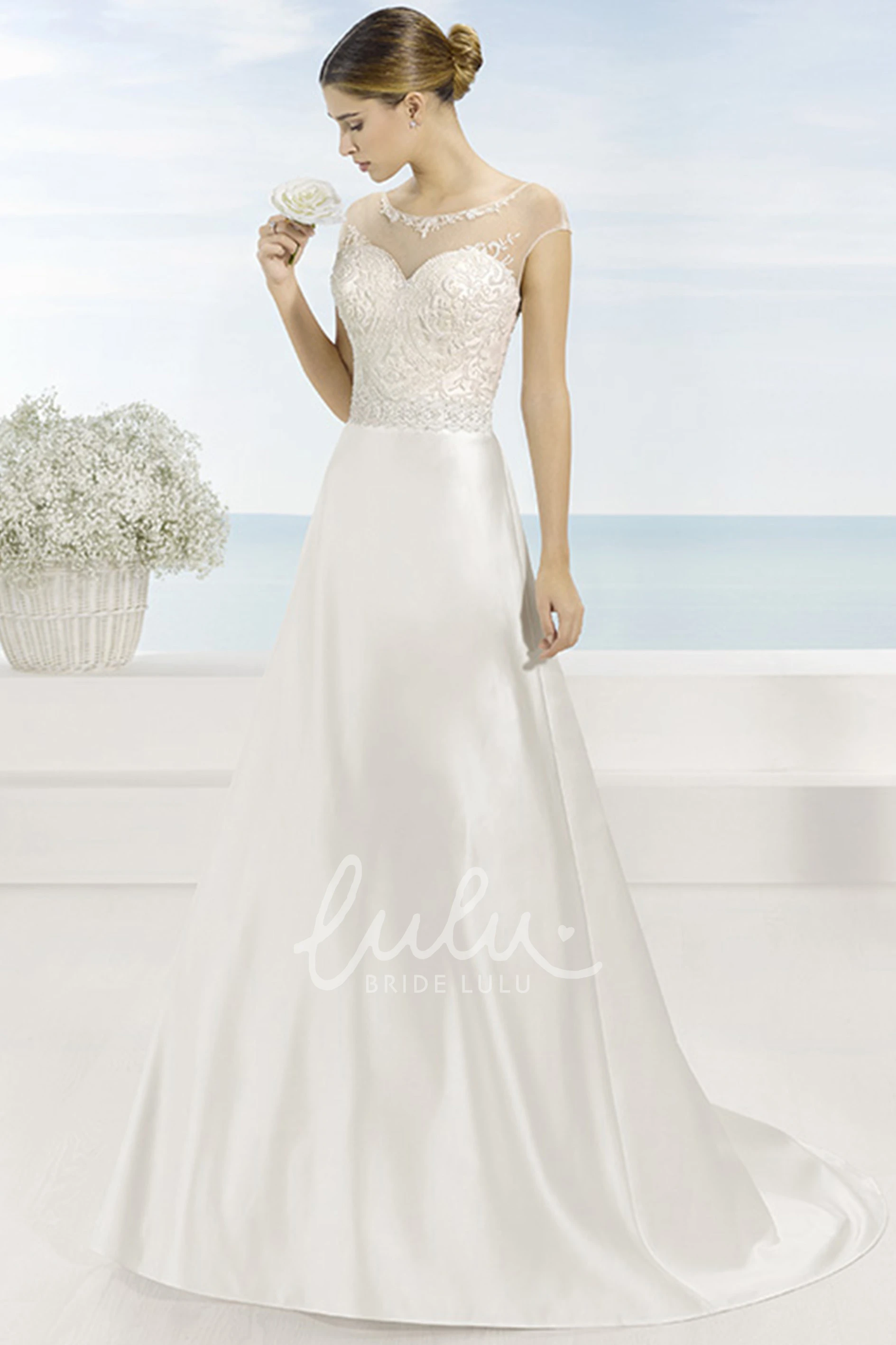 A-Line Satin Wedding Dress with Embroidery and Short Sleeves