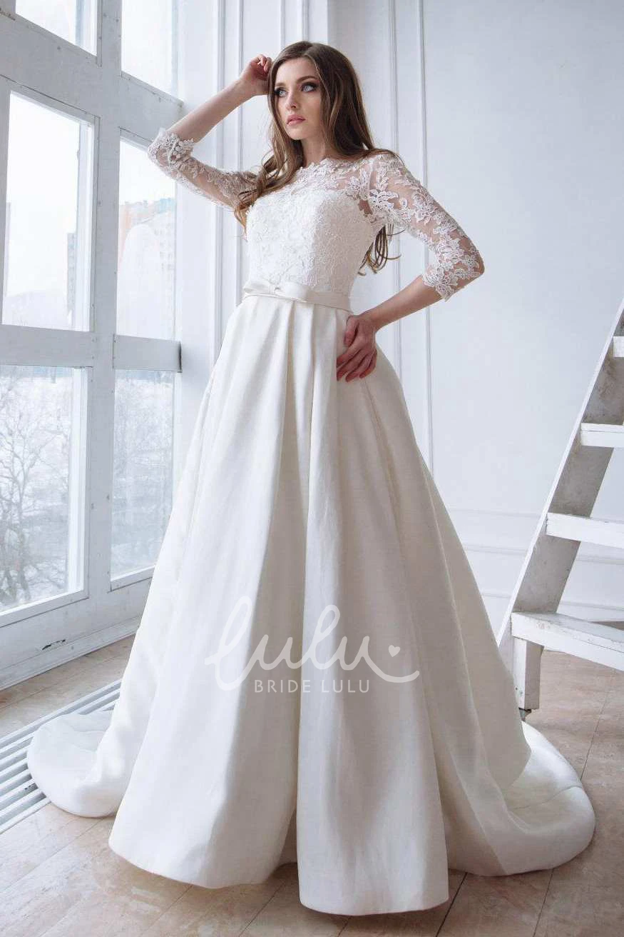 Satin A-line Wedding Dress with Lace Sleeves and Corset Back